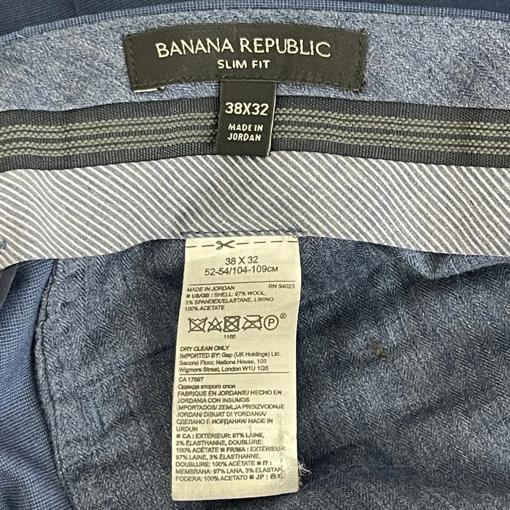 Banana Republic Mens 38x32 Slim Fit WOOL Navy Blue Plaid Stretch‎ Dress Pants